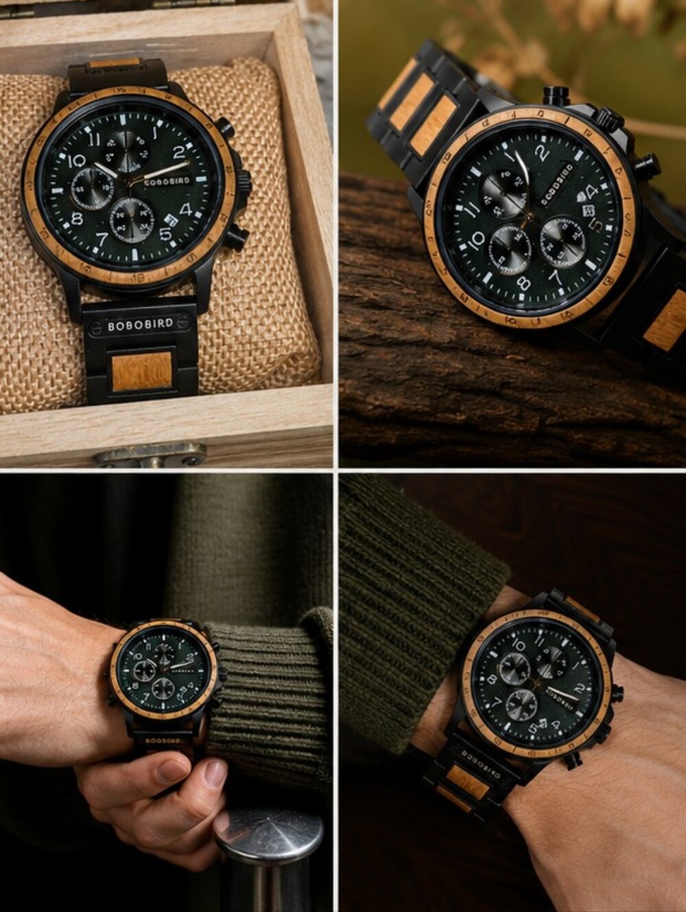 BOBO BIRD Wooden Chronograph Watch Men’s 44mm Natural Wood Quartz Watch Gift Box